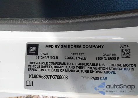 2015 Chevrolet Spark Ls Cvt z USA, uszkodzony, nr VIN KL8CB6S97FC708008